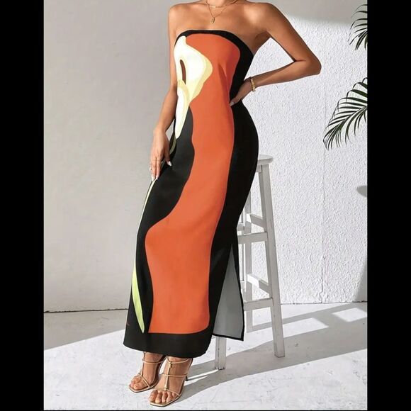 🆕💐White Lily Print Strapless Midi Dress - Picture 3 of 4